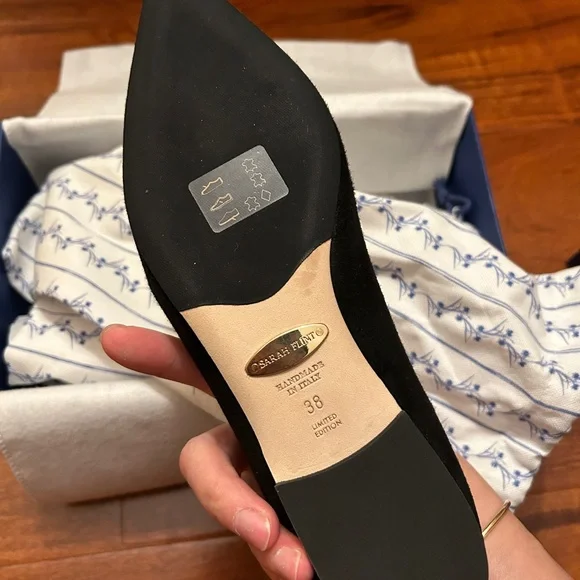 Sarah Flint Black Flats with Gold Detailing - Picture 2 of 9